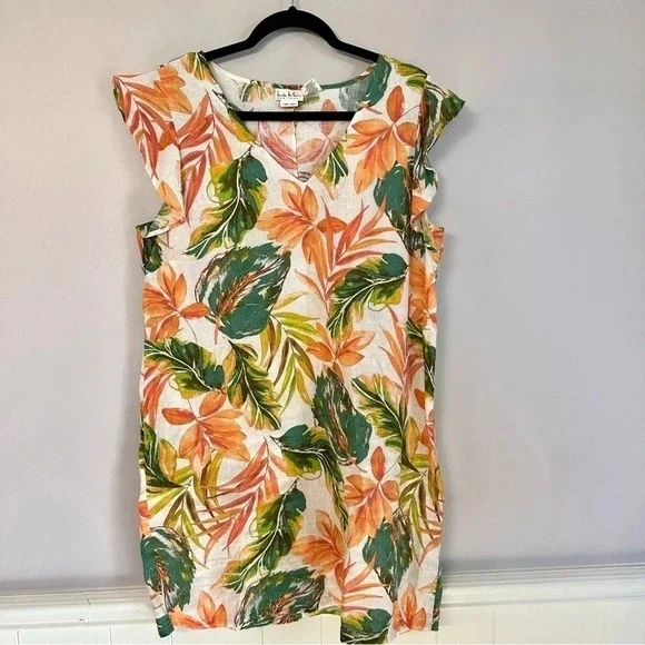 Nicole Miller Women's 100% Linen Tropical Print Flutter Sleeve Dress Sz L GUC - Picture 2 of 6